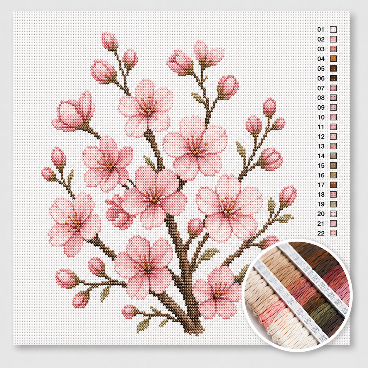Kersenbloesemtak kruissteek pakket — Japanse sakura-tak met zachte roze kersenbloesems en knoppen
