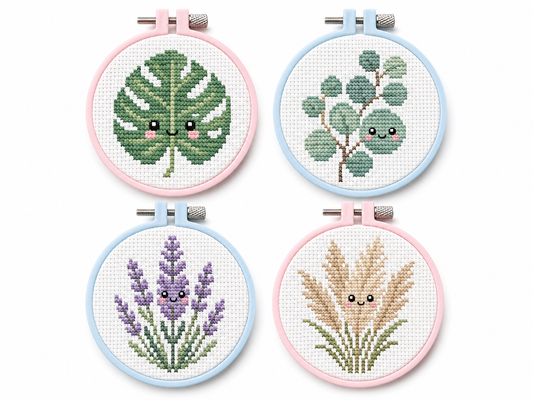 Mini Bundel Botanisch — 4 mini kruissteek designs in pastelkleurige borduurringen