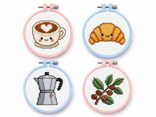 Mini Bundel Koffie — 4 mini kruissteek designs in pastelkleurige borduurringen