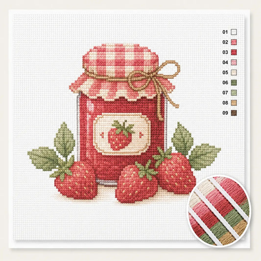 Potje aardbeienjam met aardbeien kruissteek pakket — eenvoudig beginnersdesign met negen kleuren