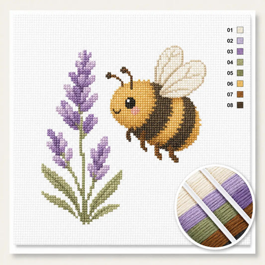 Hommel op lavendel kruissteek pakket — eenvoudig beginnersdesign met acht kleuren