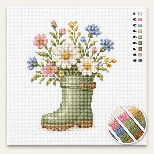 Regenlaars met veldbloemen kruissteek pakket — eenvoudig beginnersdesign met negen kleuren