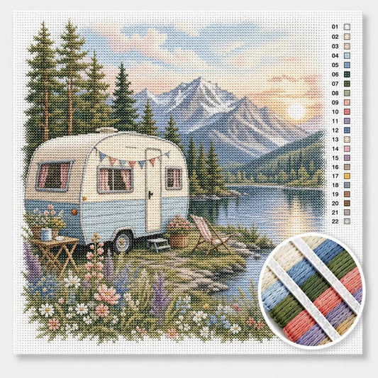 Vintage caravan aan het bergmeer kruissteek pakket — retro caravan bij een alpenmeer met bergen en wilde bloemen