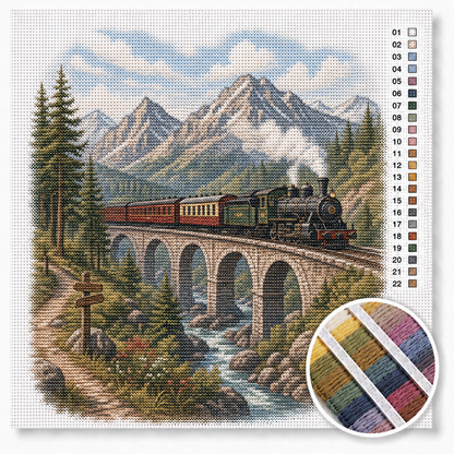 Stoomtrein door de bergen kruissteek pakket — vintage trein op stenen viaduct in Alpenlandschap
