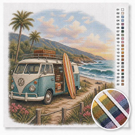 Vintage VW-surfbus op tropisch strand met palmbomen en surfplank — kruissteek pakket
