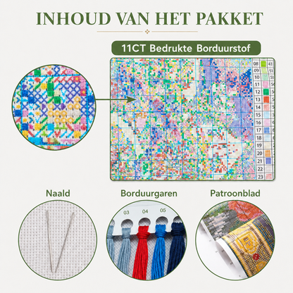 Inhoud van het pakket — 11CT bedrukte borduurstof, naald, borduurgaren en patroonblad