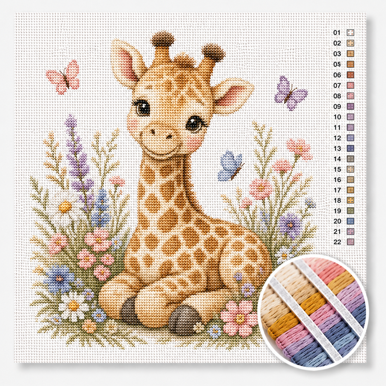 Baby giraf in bloemenweide kruissteek pakket — lief giraffenjong tussen lavendel, madeliefjes en fladderende vlinders