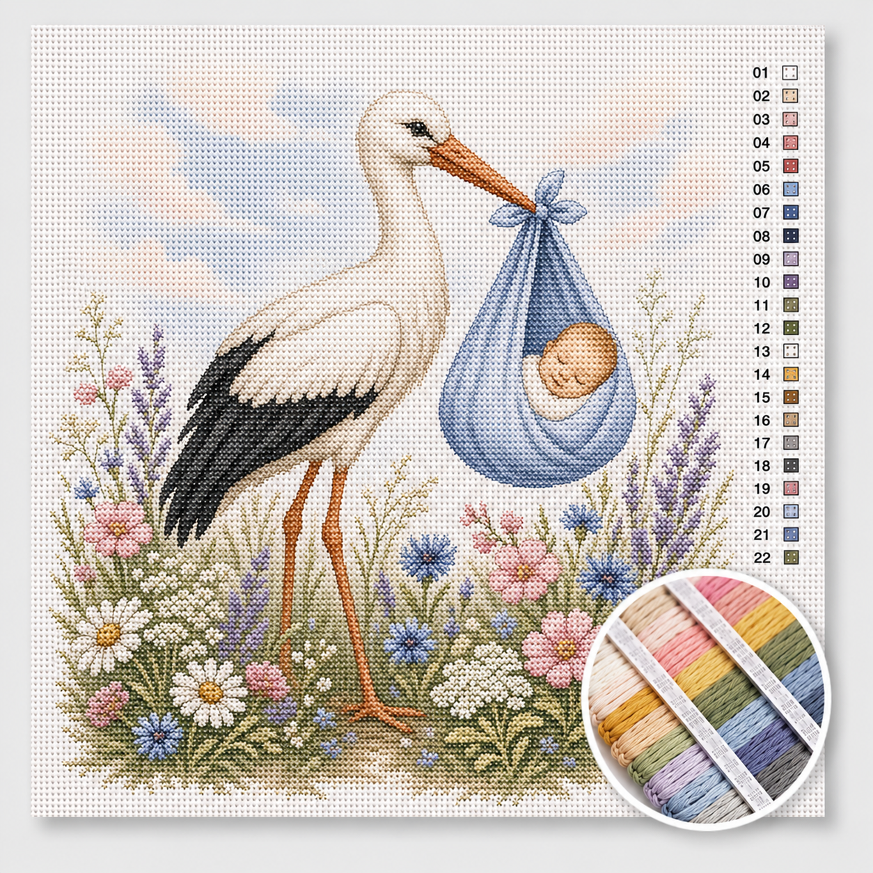 Ooievaar met babyjongen kruissteek pakket — witte ooievaar met blauwe wikkeldoek tussen wilde bloemen