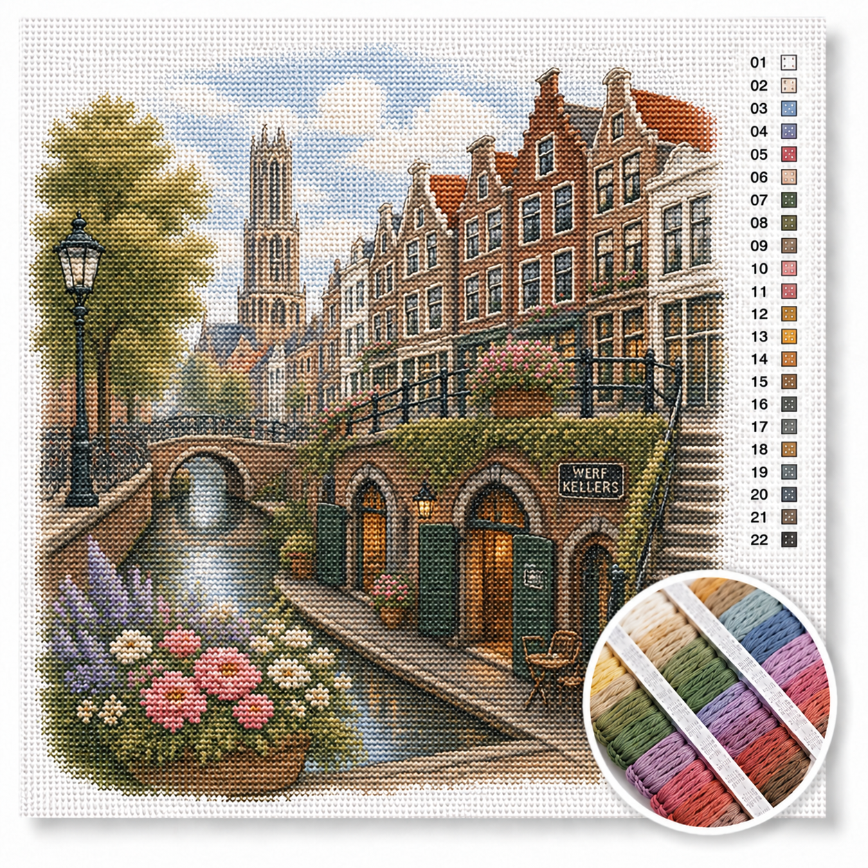Utrecht aan de werf kruissteek pakket — Domtoren, grachtenpanden, werfkelders en hortensia's