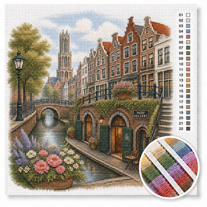 Utrecht aan de werf kruissteek pakket — Domtoren, grachtenpanden, werfkelders en hortensia's