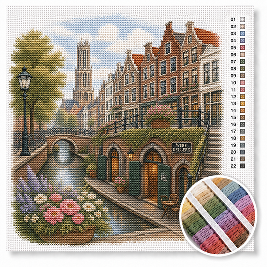Utrecht aan de werf kruissteek pakket — Domtoren, grachtenpanden, werfkelders en hortensia's