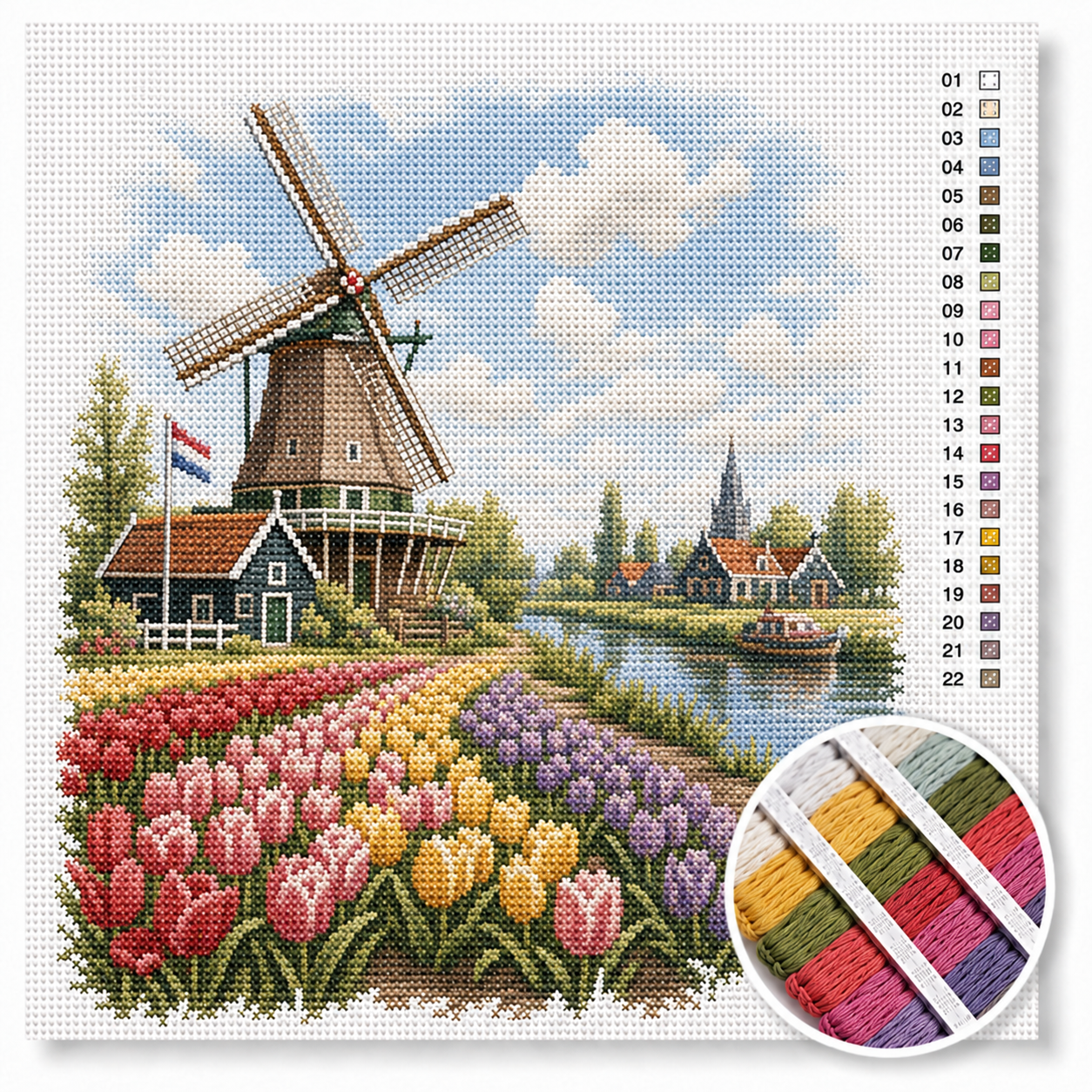Hollandse molen bij tulpenvelden kruissteek pakket — houten molen met Nederlandse vlag en bloeiende tulpen in rood, geel en paars