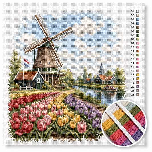 Hollandse molen bij tulpenvelden kruissteek pakket — houten molen met Nederlandse vlag en bloeiende tulpen in rood, geel en paars
