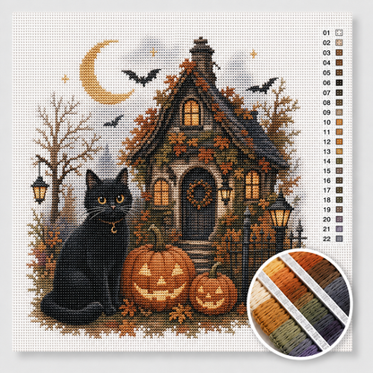 Halloween kruissteek pakket — zwarte kat, heksenhuisje, jack-o-lanterns en wassende maan