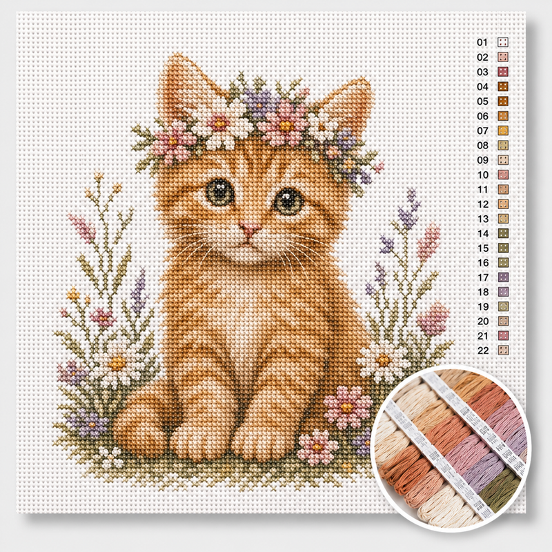 Orange Kitten with Flower Wreath — Cross Stitch Kit