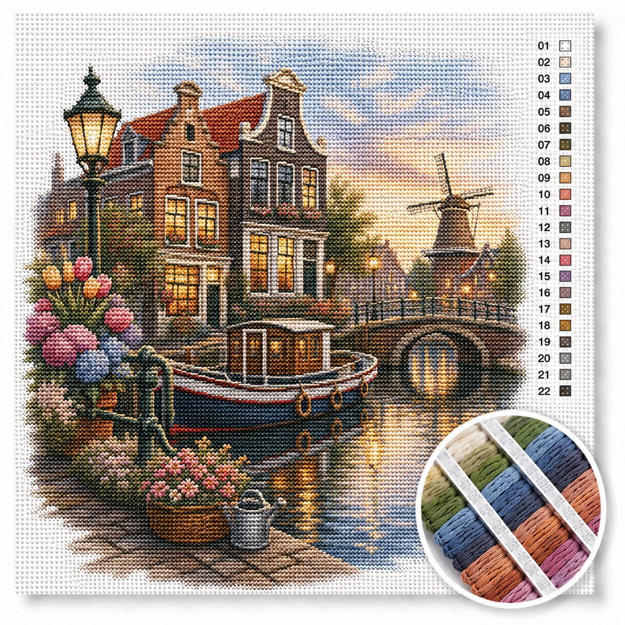 Avondsfeer aan de Amsterdamse gracht kruissteek pakket — grachtenpanden met verlichte ramen, woonboot en molen bij zonsondergang