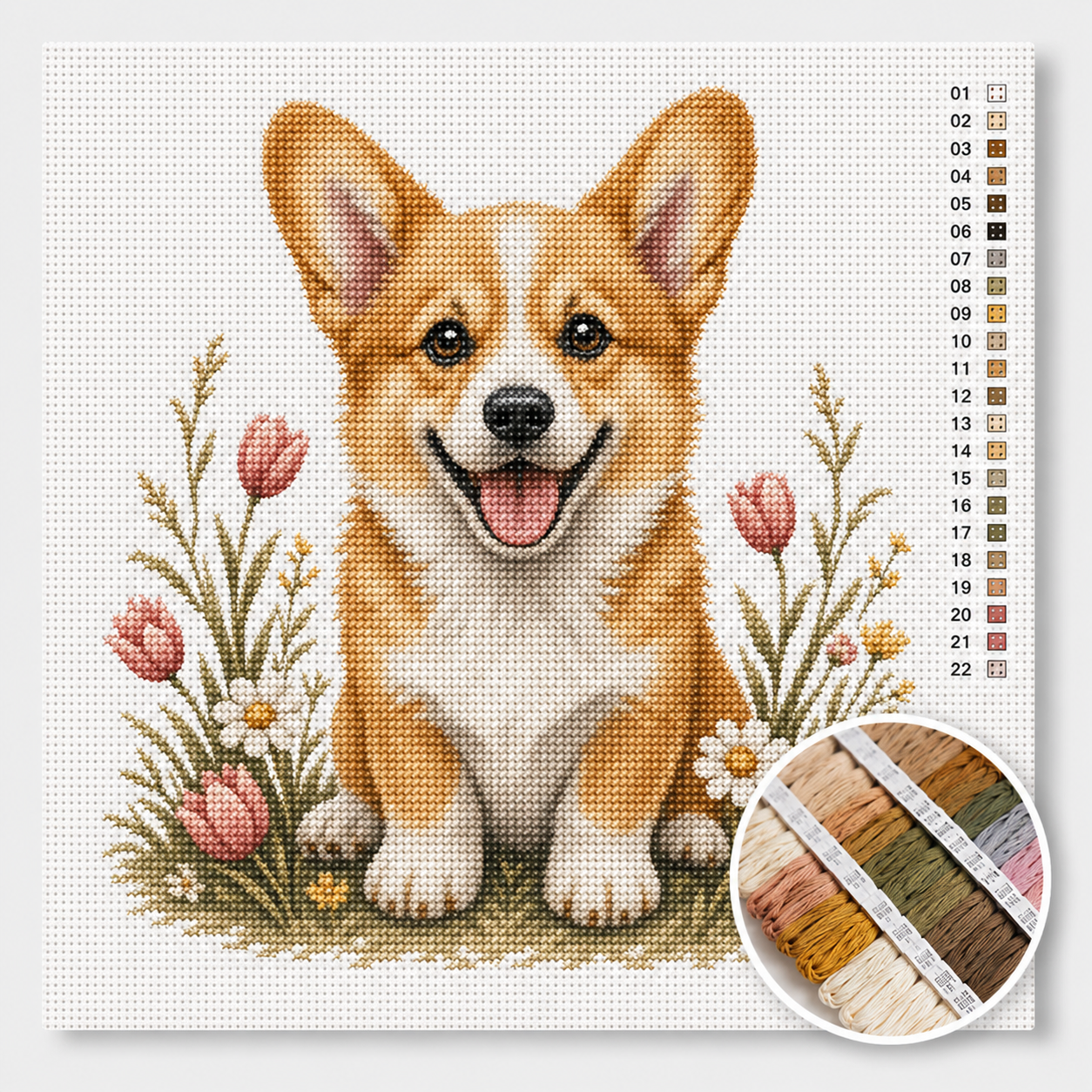 Corgi pup kruissteek pakket — lachende corgi puppy tussen roze tulpen en wilde bloemen