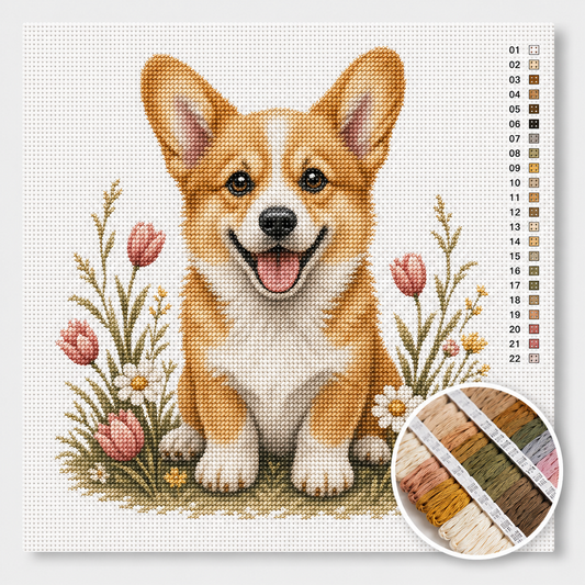 Corgi pup kruissteek pakket — lachende corgi puppy tussen roze tulpen en wilde bloemen