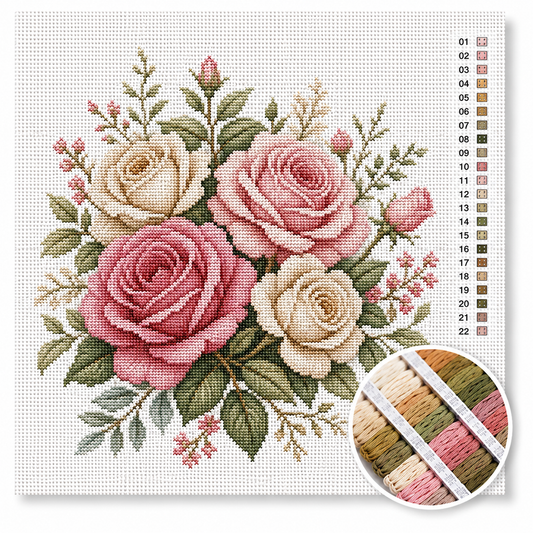 Klassieke rozen kruissteek pakket — drie tuinrozen in dieproze, poederrose en wit met groen blad