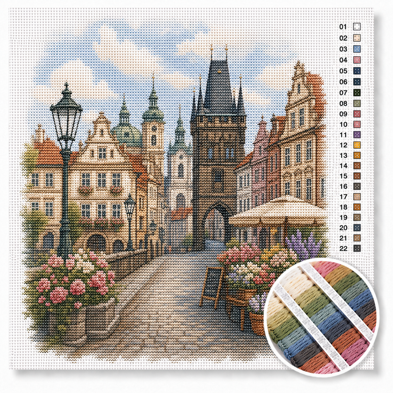 Praag Oude Stad met bloemenmarkt kruissteek pakket — gotische torenspitsen, kasseienstraat en kleurrijke bloemenmarkt