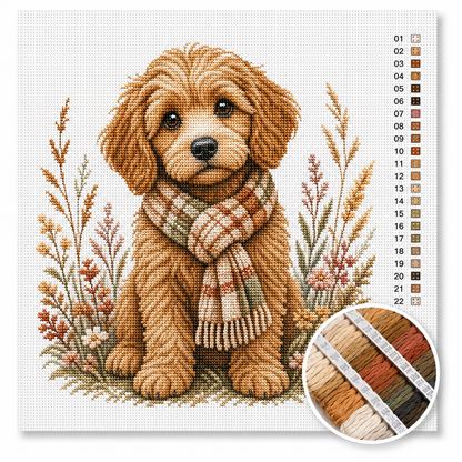 Cockapoo pup kruissteek pakket — goudbruine doodle puppy met geruite herfstsjaal tussen warme herfstkleuren
