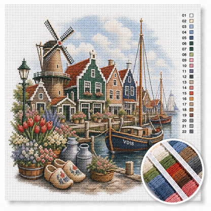 Volendam haven met vissersboten kruissteek pakket — Zaanse huisjes, houten vissersboot, klompen en molen aan de kade
