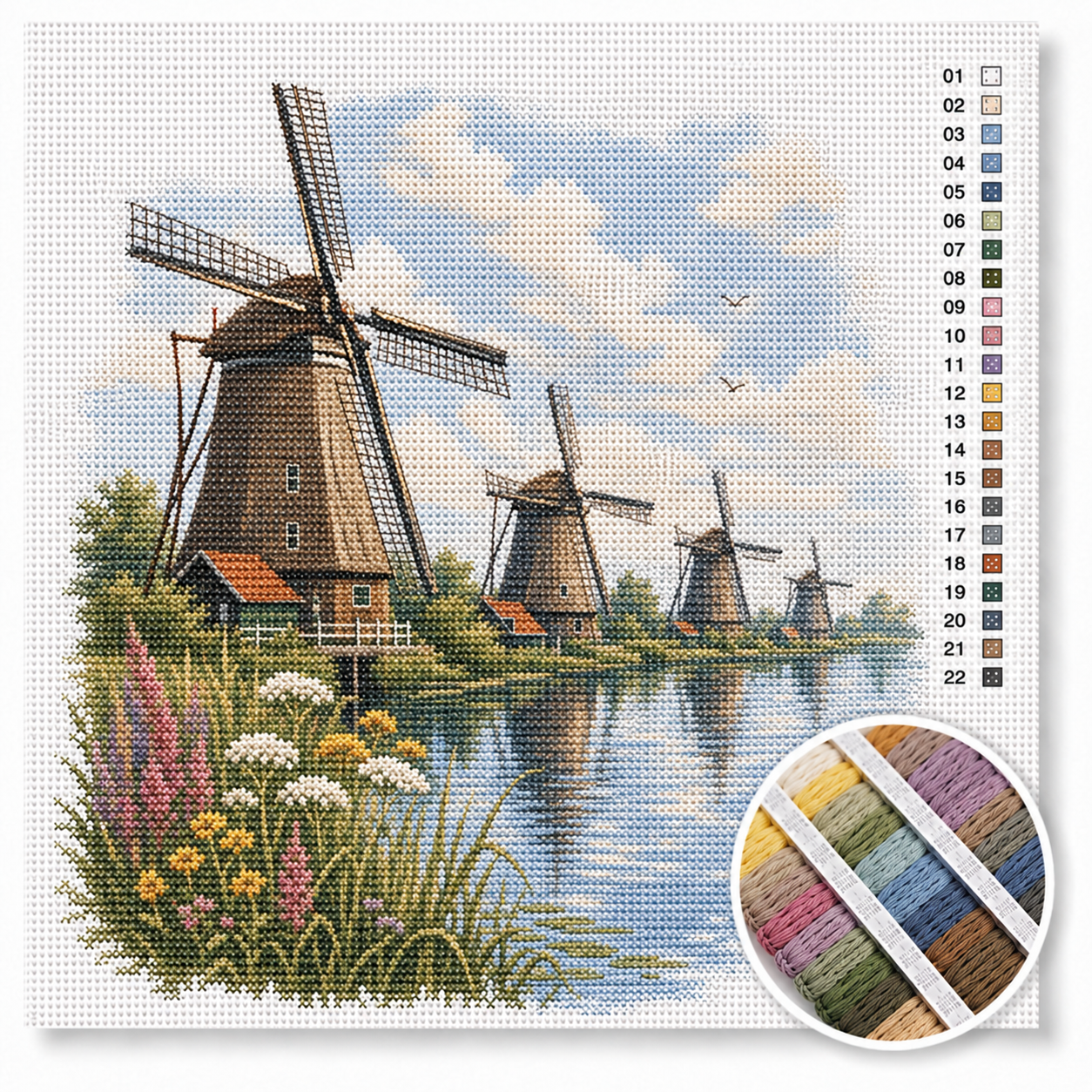 Kinderdijk molens aan het water kruissteek pakket — rij van vier Hollandse molens weerspiegeld in kanaal met riet en bloemen