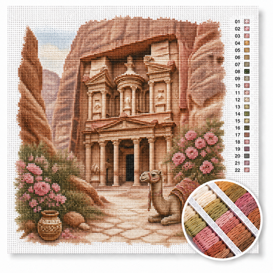 Petra Al-Khazneh kruissteek pakket — de roze Schatkamer in Jordanie met kameel en woestijnbloemen