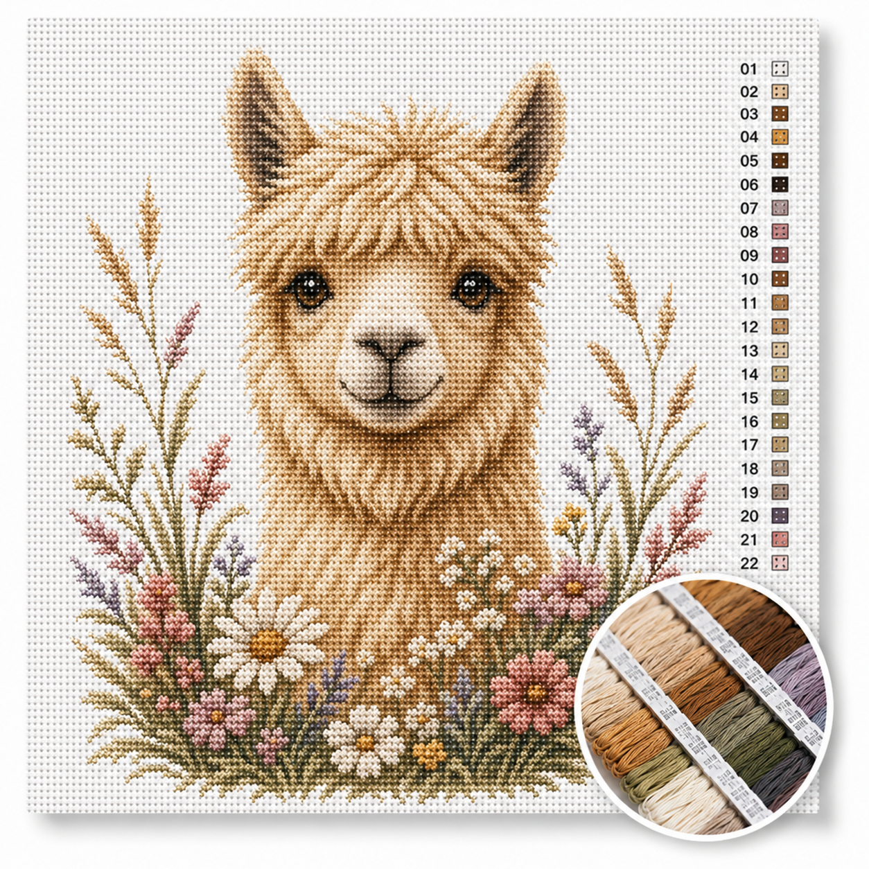 Alpaca kruissteek pakket — schattige goudblonde alpaca met grote ogen tussen pastel wilde bloemen