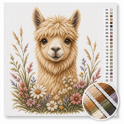Alpaca kruissteek pakket — schattige goudblonde alpaca met grote ogen tussen pastel wilde bloemen