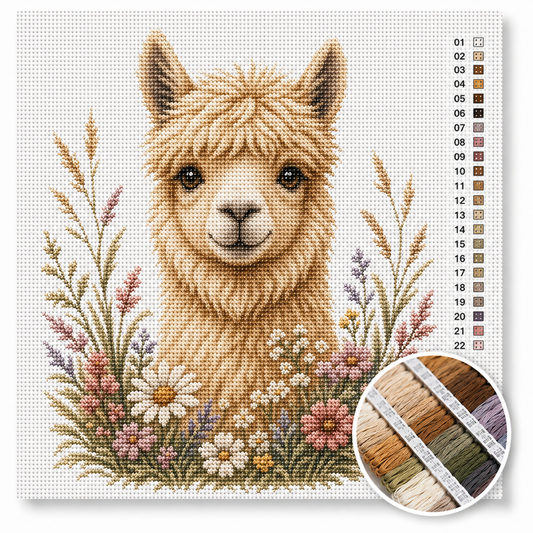 Alpaca kruissteek pakket — schattige goudblonde alpaca met grote ogen tussen pastel wilde bloemen