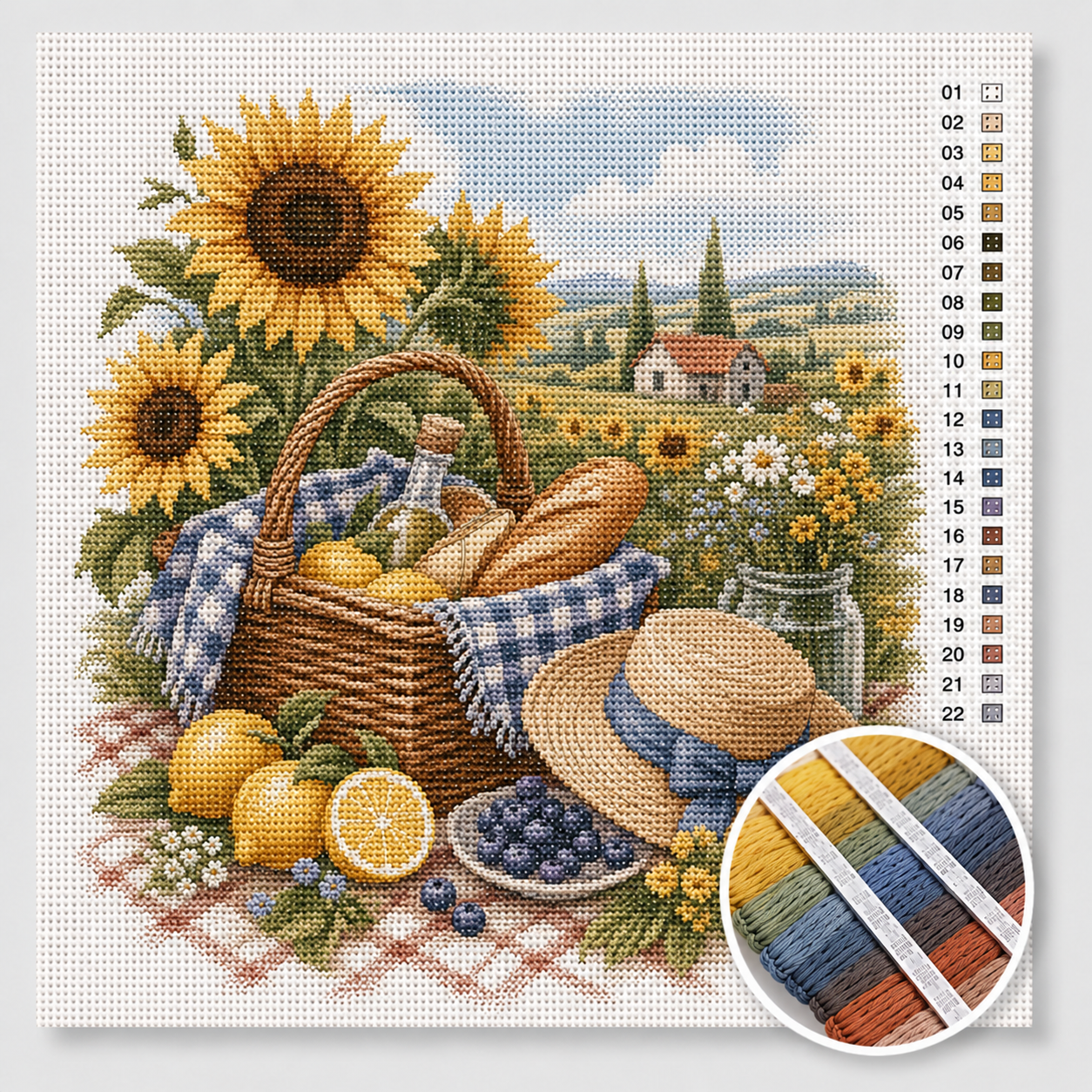 Zomer picknick kruissteek pakket — zonnebloemen, picknickmand en Toscaans landschap