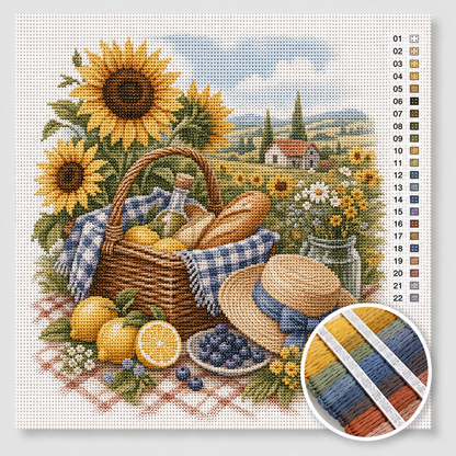 Zomer picknick kruissteek pakket — zonnebloemen, picknickmand en Toscaans landschap