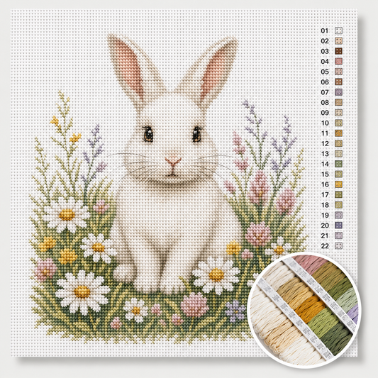 Wit konijn kruissteek pakket — schattig wit konijn met grote oren tussen madeliefjes en zachte wilde bloemen