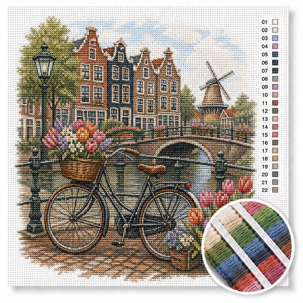 Hollandse fiets met tulpenmandjes kruissteek pakket — zwarte omafiets met tulpen op brug bij grachtenpanden en molen