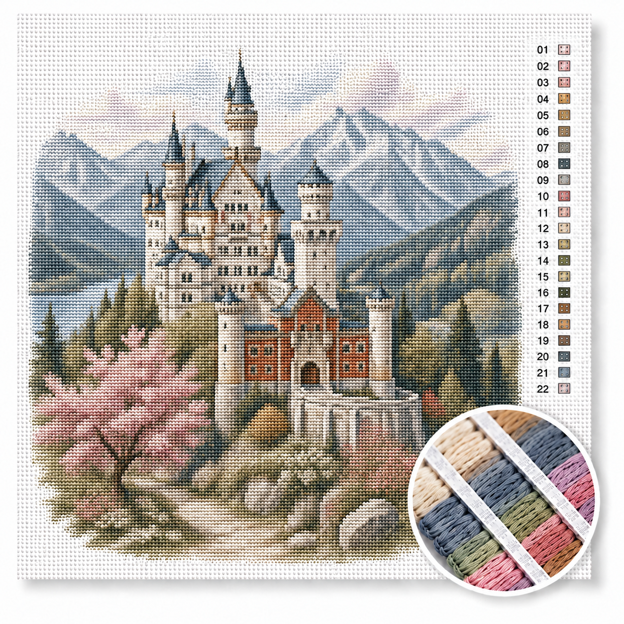 Neuschwanstein kasteel kruissteek pakket — sprookjeskasteel in Beieren met Alpen en kersenbloesem