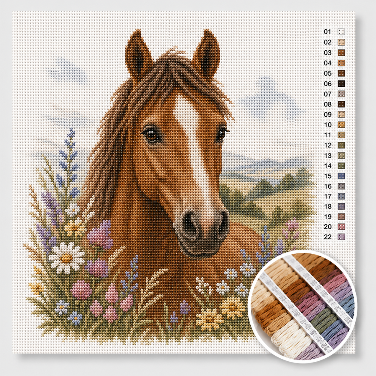 Bruin paard kruissteek pakket — statig kastanjebruin paard met witte bles in een wei vol wilde bloemen