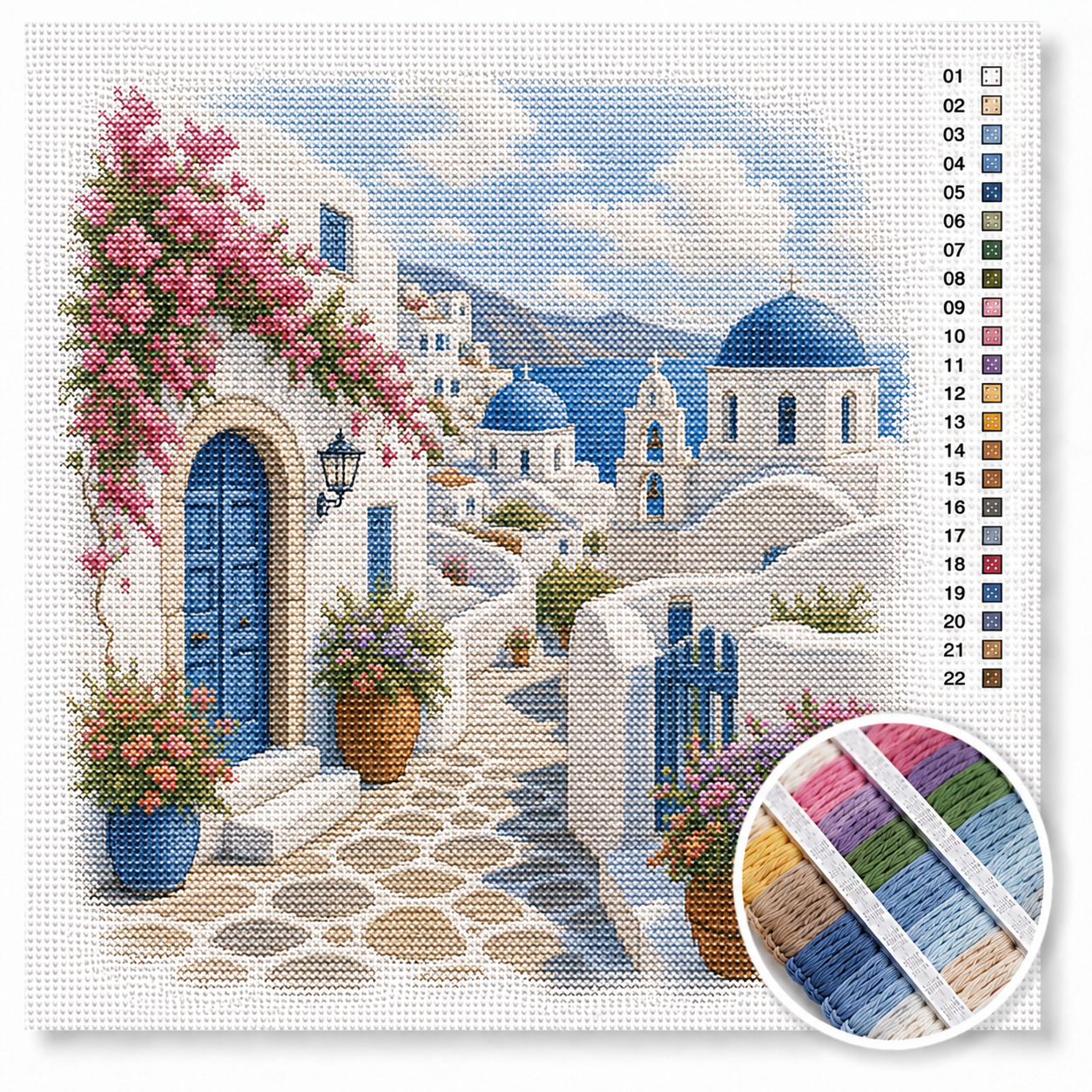 Santorini witte huisjes met blauwe koepels kruissteek pakket — Griekse straatje met bougainvillea en uitzicht op zee
