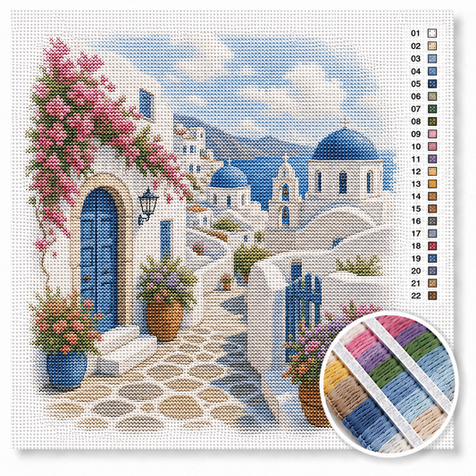 Santorini witte huisjes met blauwe koepels kruissteek pakket — Griekse straatje met bougainvillea en uitzicht op zee