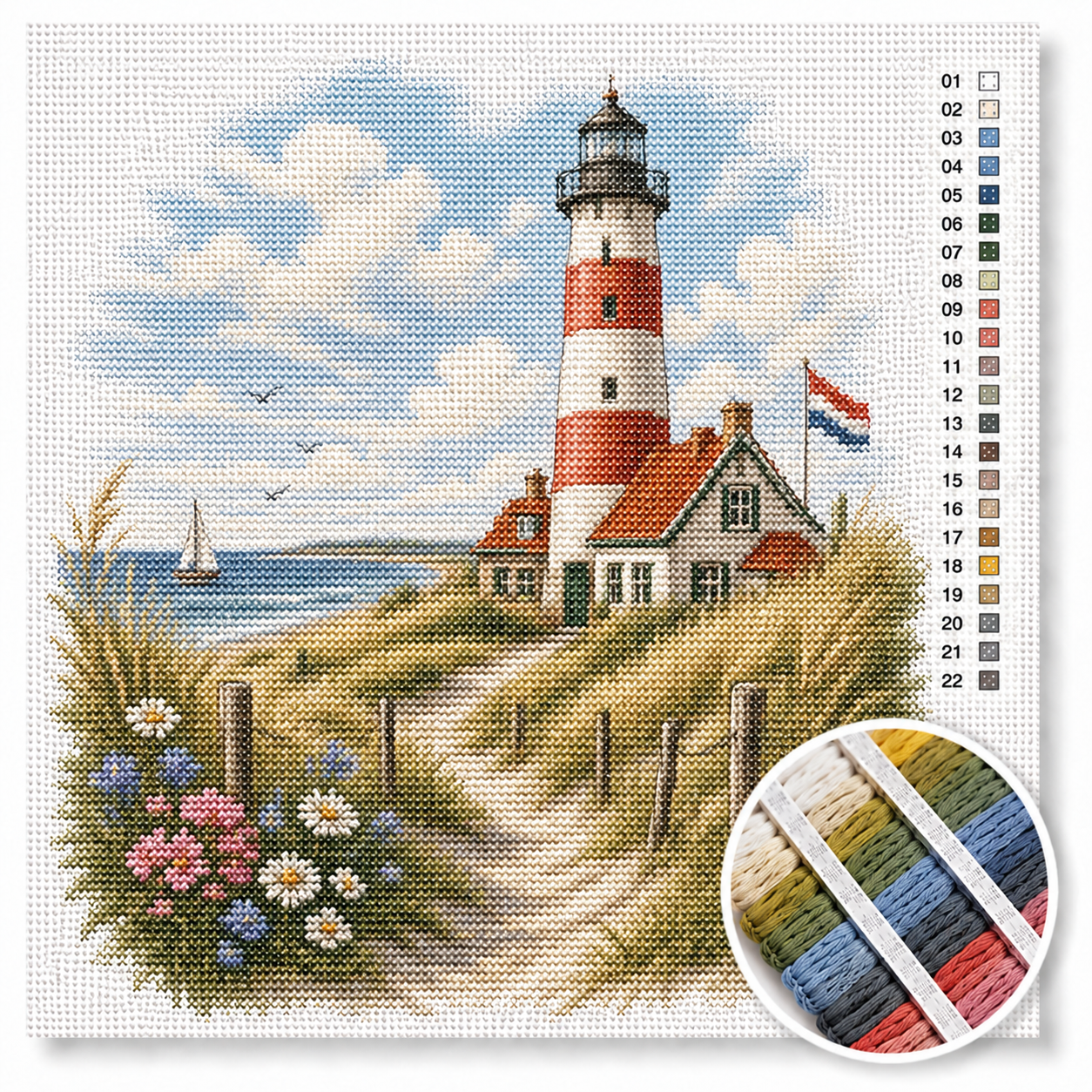 Hollandse vuurtoren aan de Noordzeekust kruissteek pakket — rood-witte vuurtoren met kustwachtershuisje, duinen en zeilboot op zee