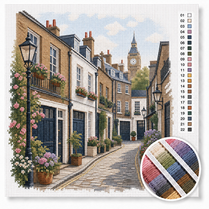 London mews bij Big Ben kruissteek pakket — Londens straatje met crèmekleurige rijhuizen, klimrozen en Big Ben in de verte