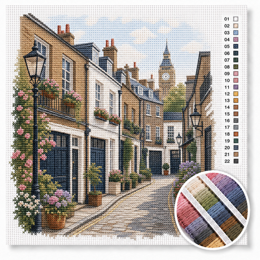 London mews bij Big Ben kruissteek pakket — Londens straatje met crèmekleurige rijhuizen, klimrozen en Big Ben in de verte
