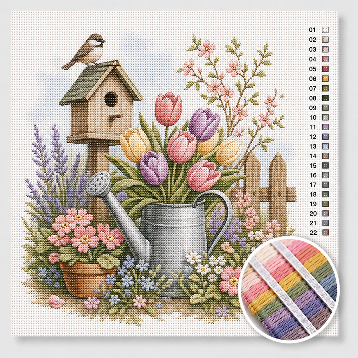 Lentetuin kruissteek pakket — vogelhuisje, tulpen, lavendel en gieter in zachte lentekleuren