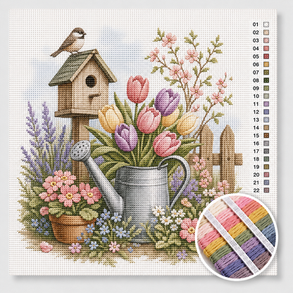 Lentetuin kruissteek pakket — vogelhuisje, tulpen, lavendel en gieter in zachte lentekleuren