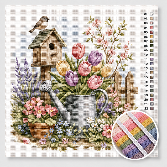 Lentetuin kruissteek pakket — vogelhuisje, tulpen, lavendel en gieter in zachte lentekleuren