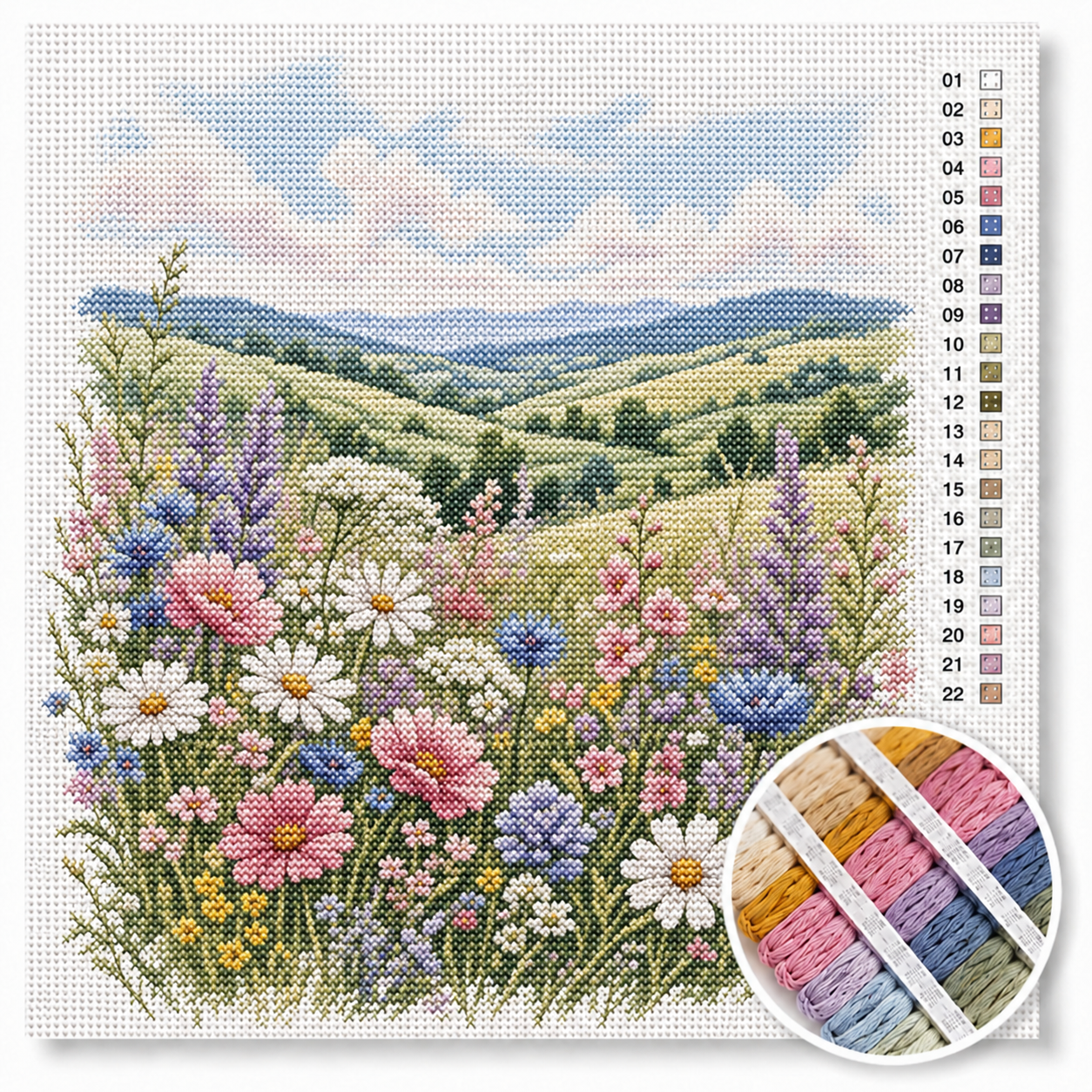 Bloemenveld in de heuvels kruissteek pakket — margrieten, korenbloemen en groene heuvels