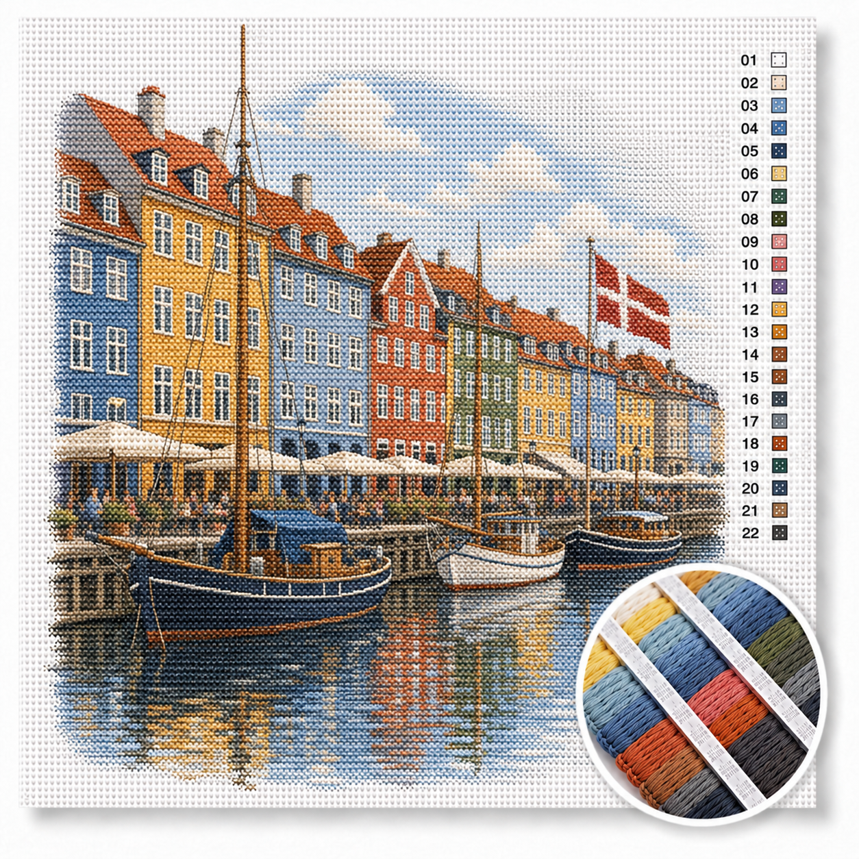 Nyhavn Kopenhagen kruissteek pakket — kleurrijke rode, gele en blauwe grachtenpanden aan de haven met houten boten