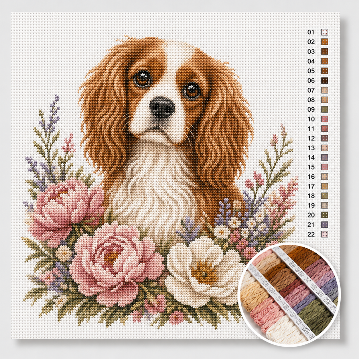 Cavalier King Charles Spaniel kruissteek pakket — elegante Blenheim cavalier omringd door pioenrozen in oudroze en romig wit