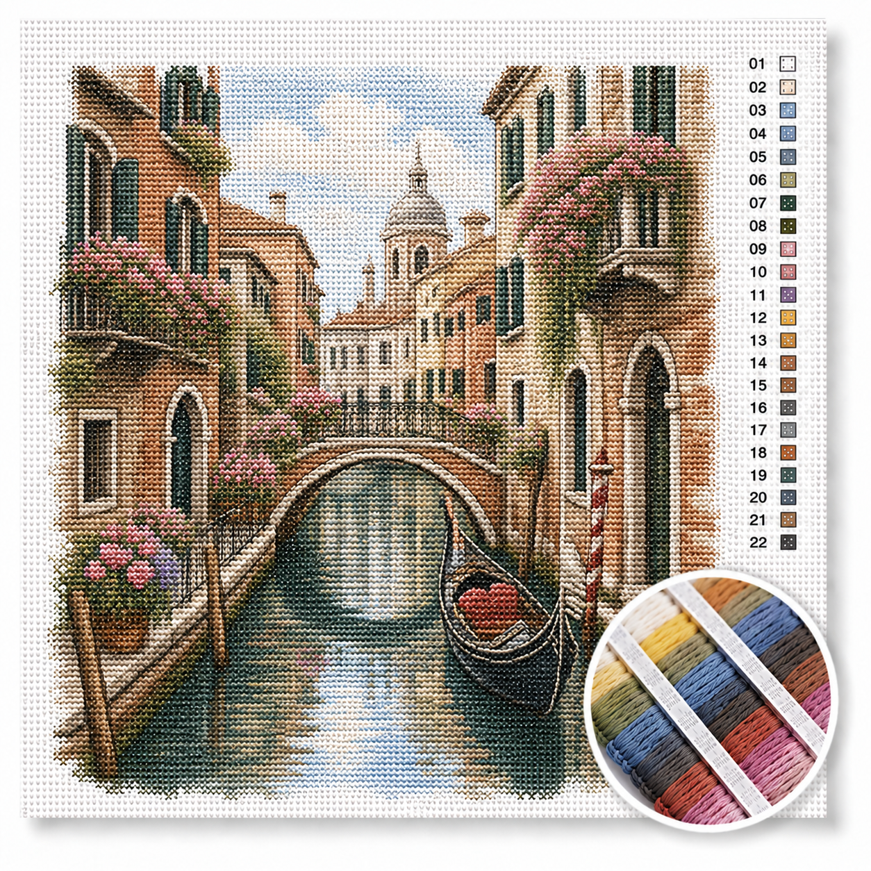 Venetiaans kanaal met gondel kruissteek pakket — oker en terracotta palazzi, bougainvillea en zwarte gondel in stil water