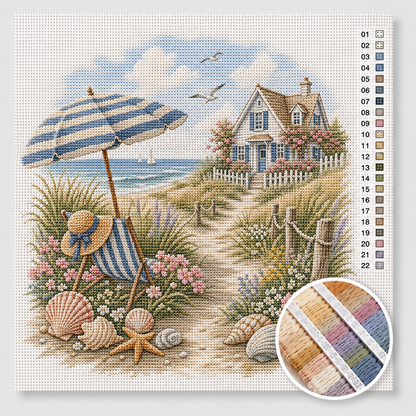 Zomer strand kruissteek pakket — parasol, strandstoel, schelpen en strandhuisje aan zee